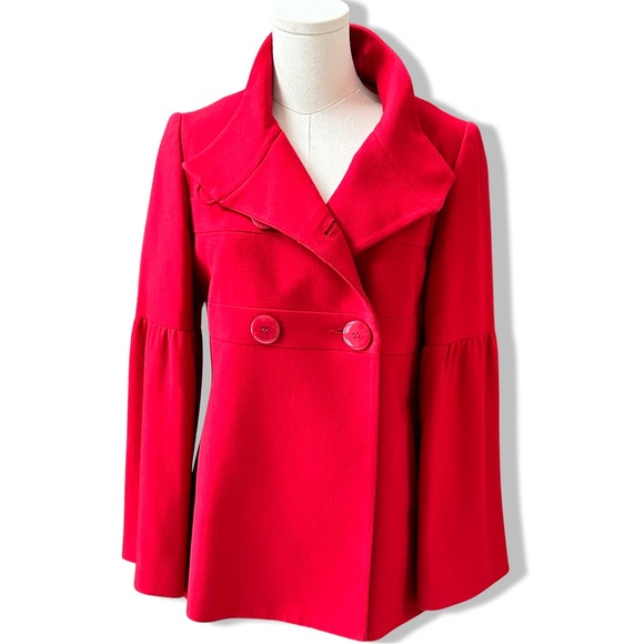 Women's Periphery Red Pea Coat with Dramatic Long Bell Sleeves in Size 6 - Picture 9 of 14